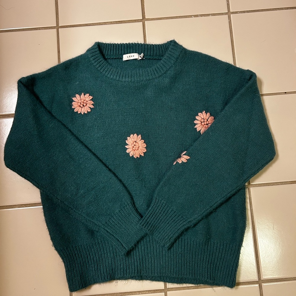 Lush Teal Sweater with Pink Floral Design